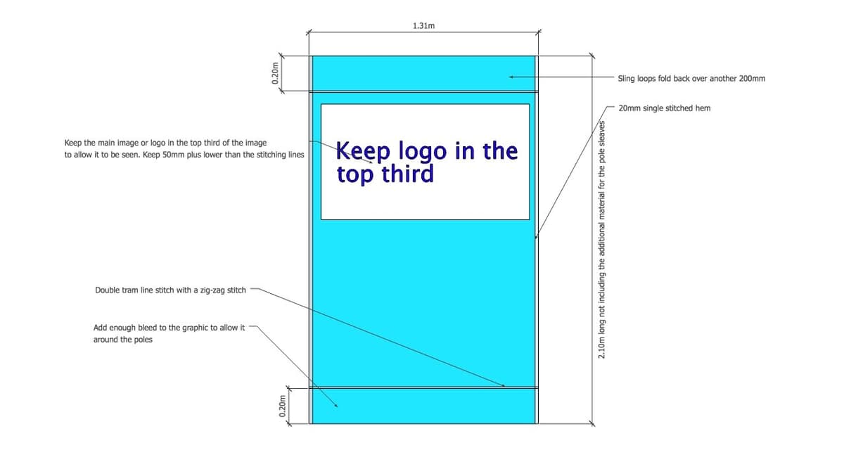 Sling dimensions — 1.31m wide by 2.10m tall with 200mm pole sleeves top and bottom